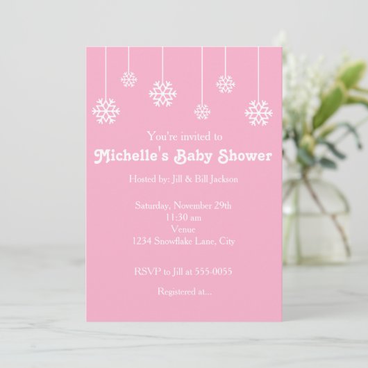 Winter Hanging Snowflakes Pink Party Invitation Kaart (Staand voorkant)