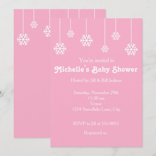 Winter Hanging Snowflakes Pink Party Invitation Kaart (Voorkant / Achterkant)