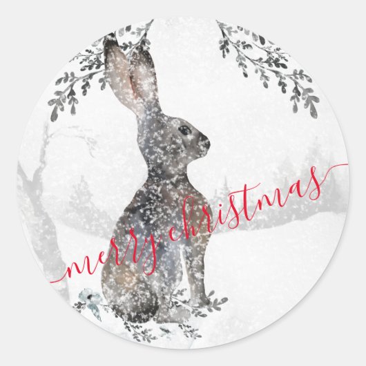 Winter Hare Rabbit Snowy Woodland Scene Ronde Sticker (Voorkant)