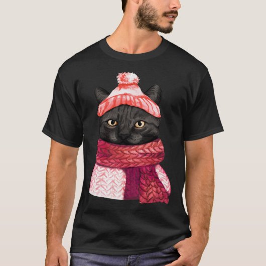 Winter Hat And Shawl Black Cat For Kitten T-shirt (Voorkant)