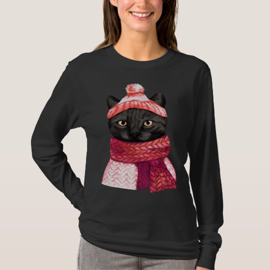 Winter Hat And Shawl Black Cat For Kitten T-shirt (Voorkant)