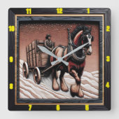 Winter Haul:  Charred Wood Clydesdale Vierkante Klok (Voorkant)