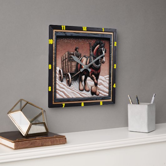 Winter Haul:  Charred Wood Clydesdale Vierkante Klok (Kantoor)