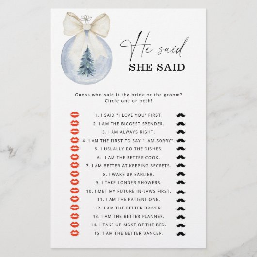 Winter He said she said bridal shower game (Voorkant)
