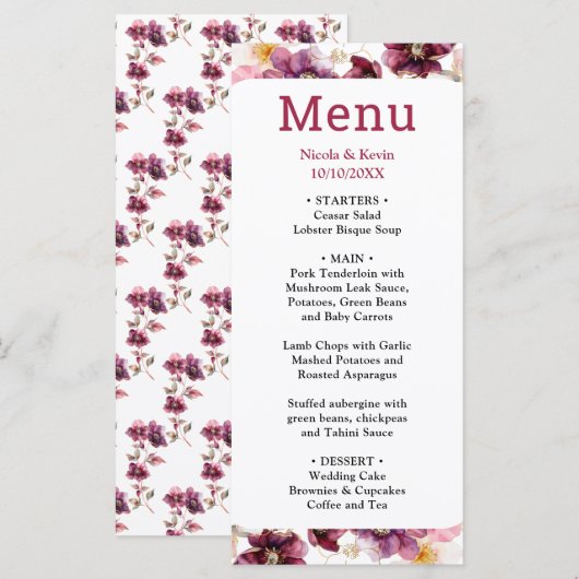 Winter Hellebore Floral Burgundy Wedding Menu (Voorkant / Achterkant)
