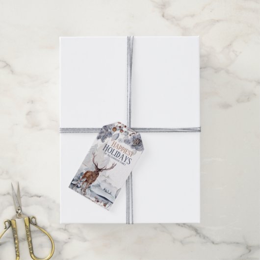 Winter hert bos sneeuw dennen kegel bomen cadeaulabel (Met Touw)