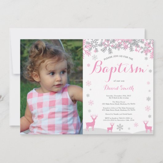 Winter Herten Meisje Doop Fotouitnodiging Kaart (Voorkant)