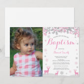 Winter Herten Meisje Doop Fotouitnodiging Kaart (Voorkant / Achterkant)