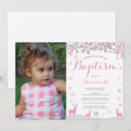 Winter Herten Meisje Doop Fotouitnodiging Kaart (Voorkant / Achterkant)