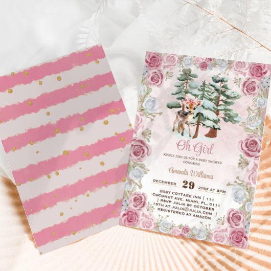 Winter Herten Oh Meisje Bloemen Baby Meisje Douche Kaart