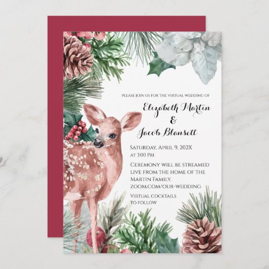Winter Herten, Pinecones, en Holly Virtual Wedding Kaart (Voorkant / Achterkant)