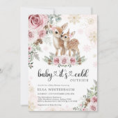 Winter Herten Roze Gouden Rozen Meisje Baby shower Kaart (Voorkant)
