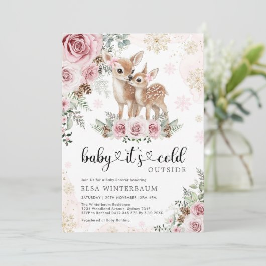 Winter Herten Roze Gouden Rozen Meisje Baby shower Kaart (Staand voorkant)
