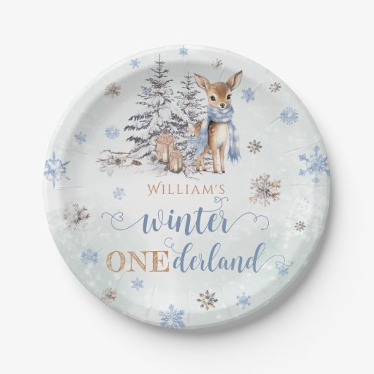 Winter Herten Sneeuwvlokken ONEderland 1e Verjaard Papieren Bordje (Voorkant)