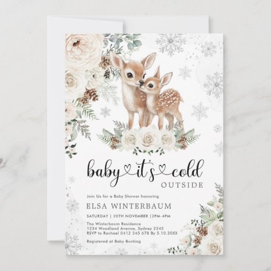 Winter Herten Witte Bloemen Sneeuwvlokken Baby sho Kaart (Voorkant)