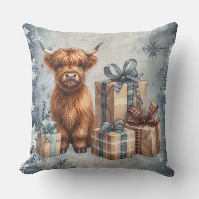 Winter Highland Koe Blauwe Cadeaus Kussen (Voorkant)