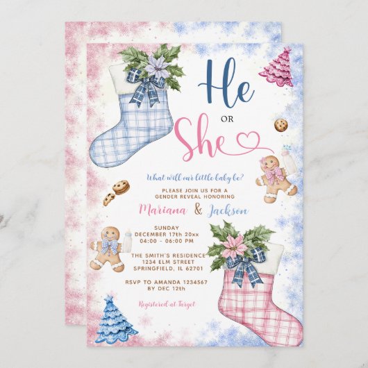 Winter hij of zij Kerstman Sokken Cookies Geslacht Kaart (Voorkant / Achterkant)