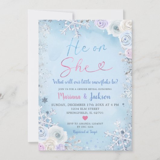 Winter hij of zij sneeuwvlok kerst geslacht onthul kaart (Voorkant)