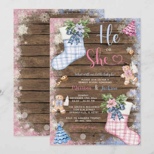 Winter Hij of zij Sokken Gingerbread Gender Reveal Kaart (Voorkant / Achterkant)