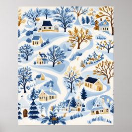 Winter Hillside Village met gezellige huisjes Poster