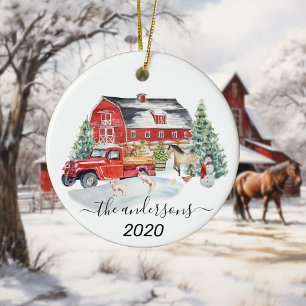 Winter Holiday Barn Farm Animals Handgeschreven na Keramisch Ornament