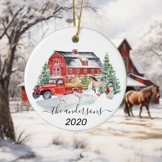 Winter Holiday Barn Farm Animals Handgeschreven na Keramisch Ornament