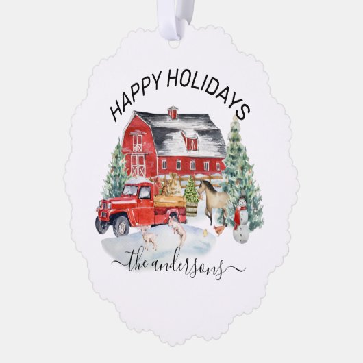 Winter Holiday Barn Farm Animals Handgeschreven na Ornament Kaart (Links)