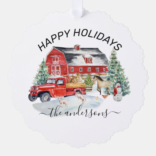 Winter Holiday Barn Farm Animals Handgeschreven na Ornament Kaart (Voorkant)