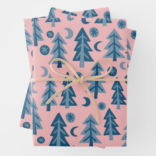Winter Holiday Blue Pink Trees Pattern Gift Inpakpapier Vel (In situ)