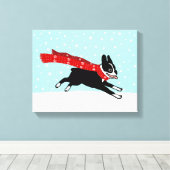Winter Holiday Boston Terrier met Red Scarf Canvas Afdruk (Insitu (Houten vloer))