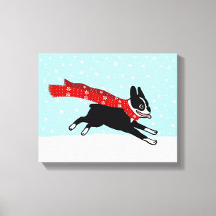 Winter Holiday Boston Terrier met Red Scarf Canvas Afdruk