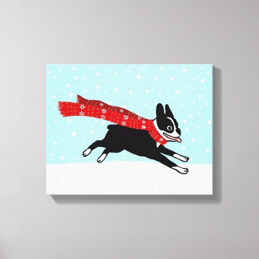 Winter Holiday Boston Terrier met Red Scarf Canvas Afdruk (Voorkant)