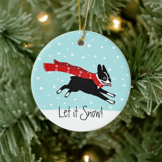 Winter Holiday Boston Terrier met Red Scarf Keramisch Ornament (Boom)