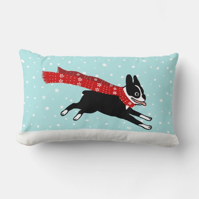 Winter Holiday Boston Terrier met Red Scarf Kussen (Voorkant)