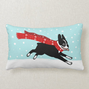 Winter Holiday Boston Terrier met Red Scarf Kussen