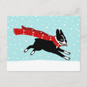 Winter Holiday Boston Terrier Wearing Red Scarf Feestdagenkaart