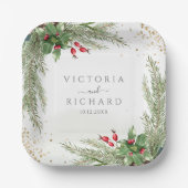 Winter Holiday Botanical Greenery Glitter Wedding Papieren Bordje (Voorkant)
