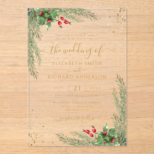 Winter Holiday Botanical Greenery Wedding Acryl Uitnodigingen (Voorkant)