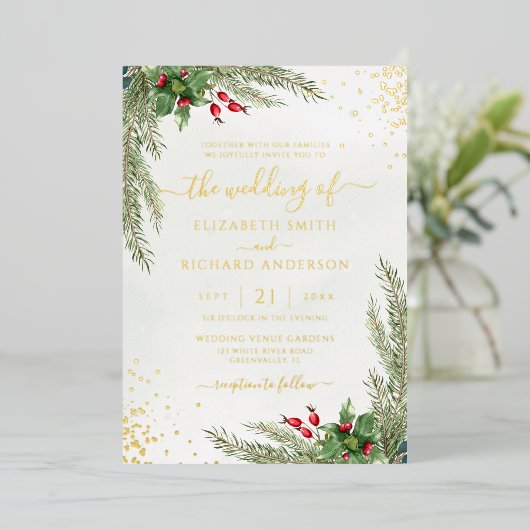 Winter Holiday Botanical Greenery Wedding Folie Uitnodiging (Staand Voorkant)