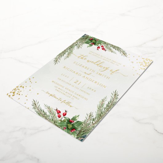 Winter Holiday Botanical Greenery Wedding Folie Uitnodiging (Gedraaid)