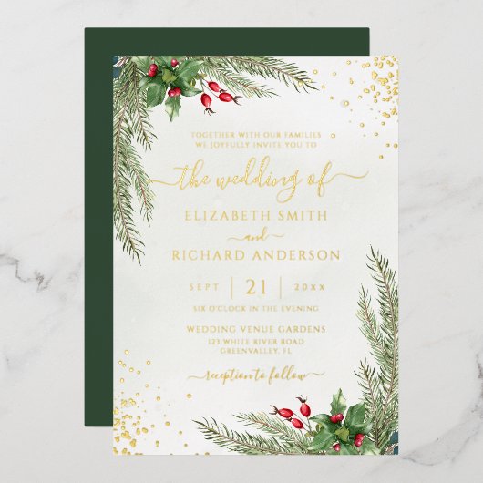 Winter Holiday Botanical Greenery Wedding Folie Uitnodiging (Voorkant / Achterkant)