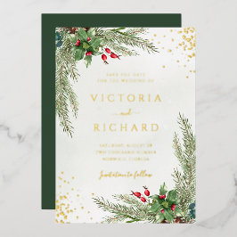 Winter Holiday Botanical Greenery Wedding Folie Uitnodiging