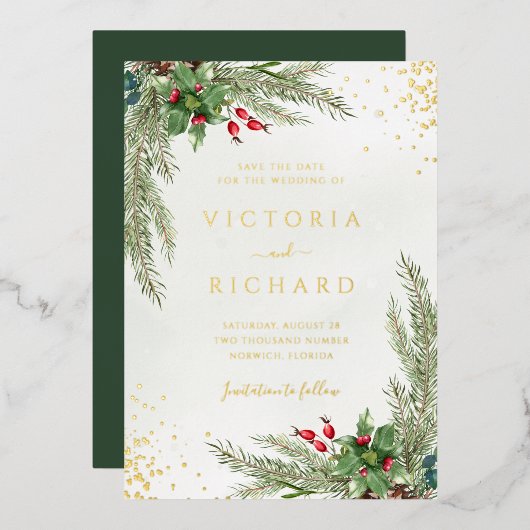 Winter Holiday Botanical Greenery Wedding Folie Uitnodiging (Voorkant / Achterkant)