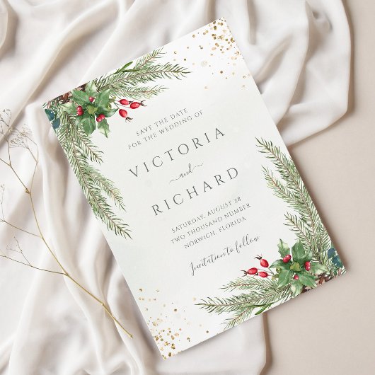 Winter Holiday Botanical Greenery Wedding Save The Date