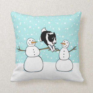 Winter Holiday Cute Border Collie Dog met Snowmen Kussen