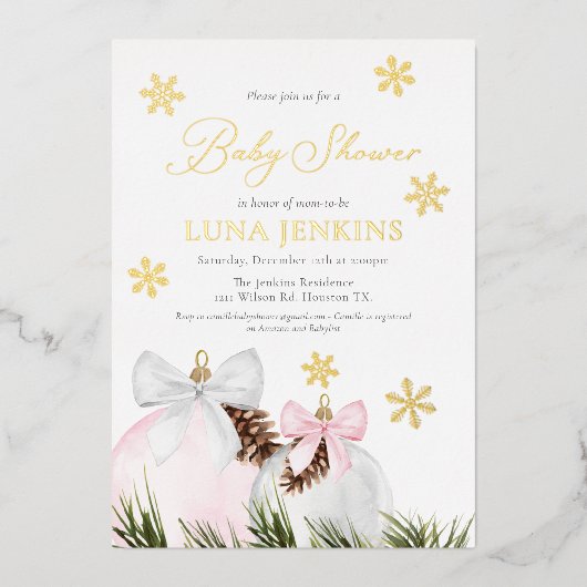Winter Holiday Girl Baby shower Folie Folie Uitnodiging (Voorkant)