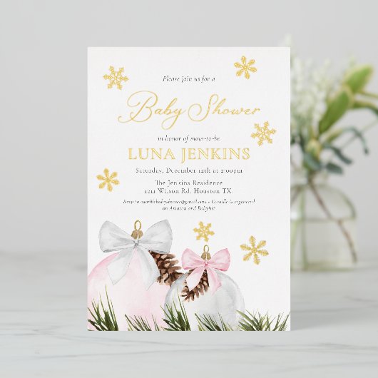 Winter Holiday Girl Baby shower Folie Folie Uitnodiging (Staand Voorkant)