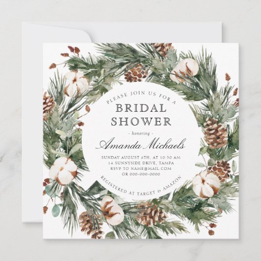 Winter Holiday Greenery Pine Cotton Vrijgezellenfe Kaart (Voorkant)