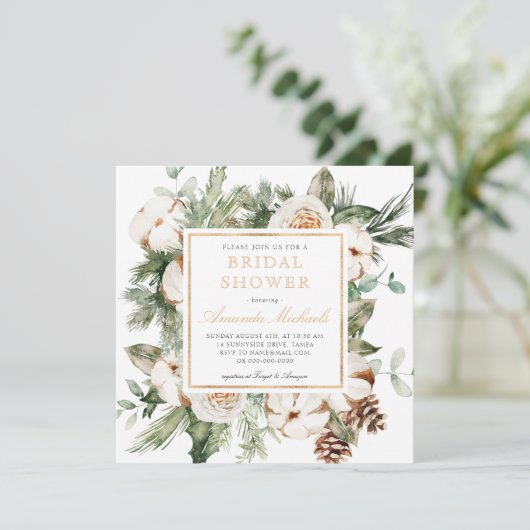 Winter Holiday Greenery Pine Gold Vrijgezellenfees Kaart (Staand voorkant)