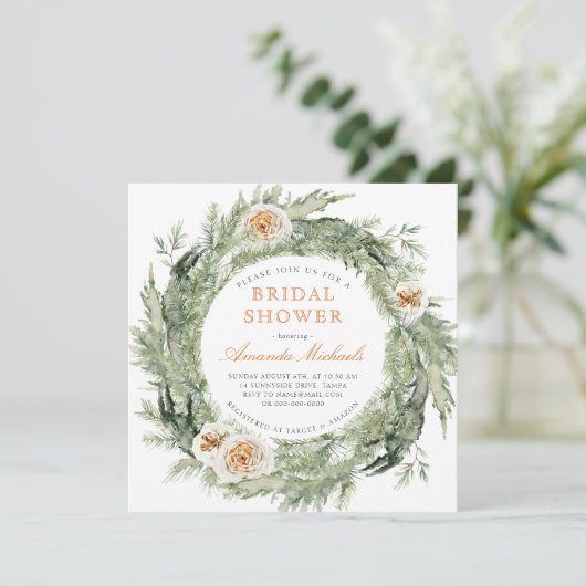 Winter Holiday Greenery Pine Roos Vrijgezellenfees Kaart (Staand voorkant)